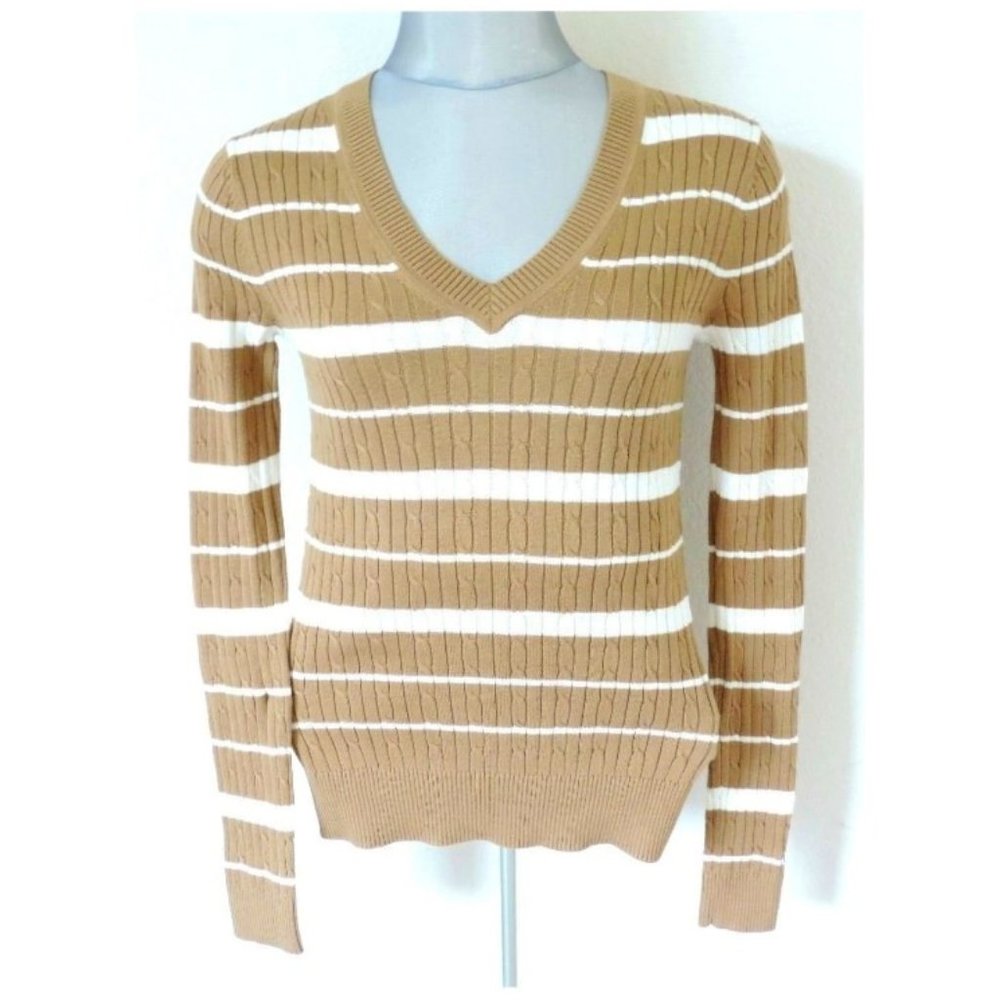Tommy Hilfiger Womens Striped Cable V-neck Sweater, Beige/White, Size: XS
